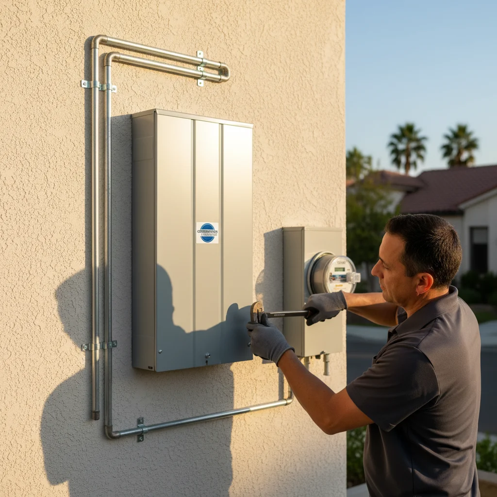 New 200-amp main breaker panel mounted on a stucco exterior wall of a San Diego home with neat conduit runs