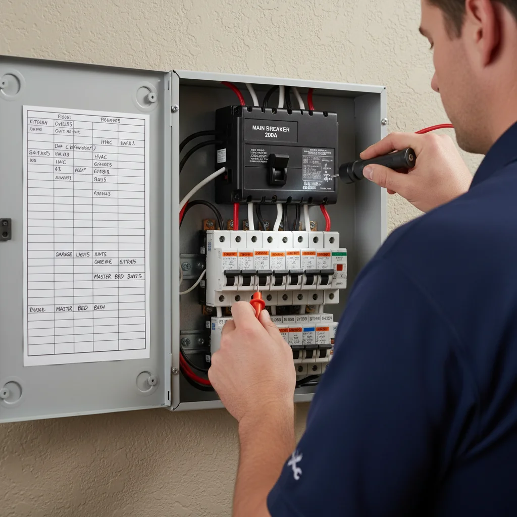 Close-up of a 200-amp main breaker with labeled circuit directory inside an open