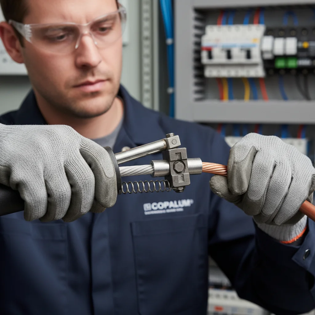 Close-up of a COPALUM crimp connection joining aluminum and copper conductors with a crimping tool