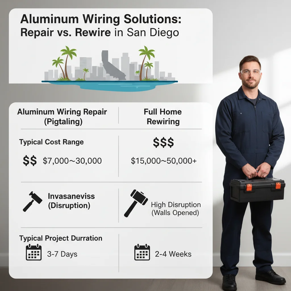 Infographic comparing aluminum wiring repair (pigtailing) and full home rewiring, showing differences in cost, invasiveness, and typical project duration for San Diego homes.