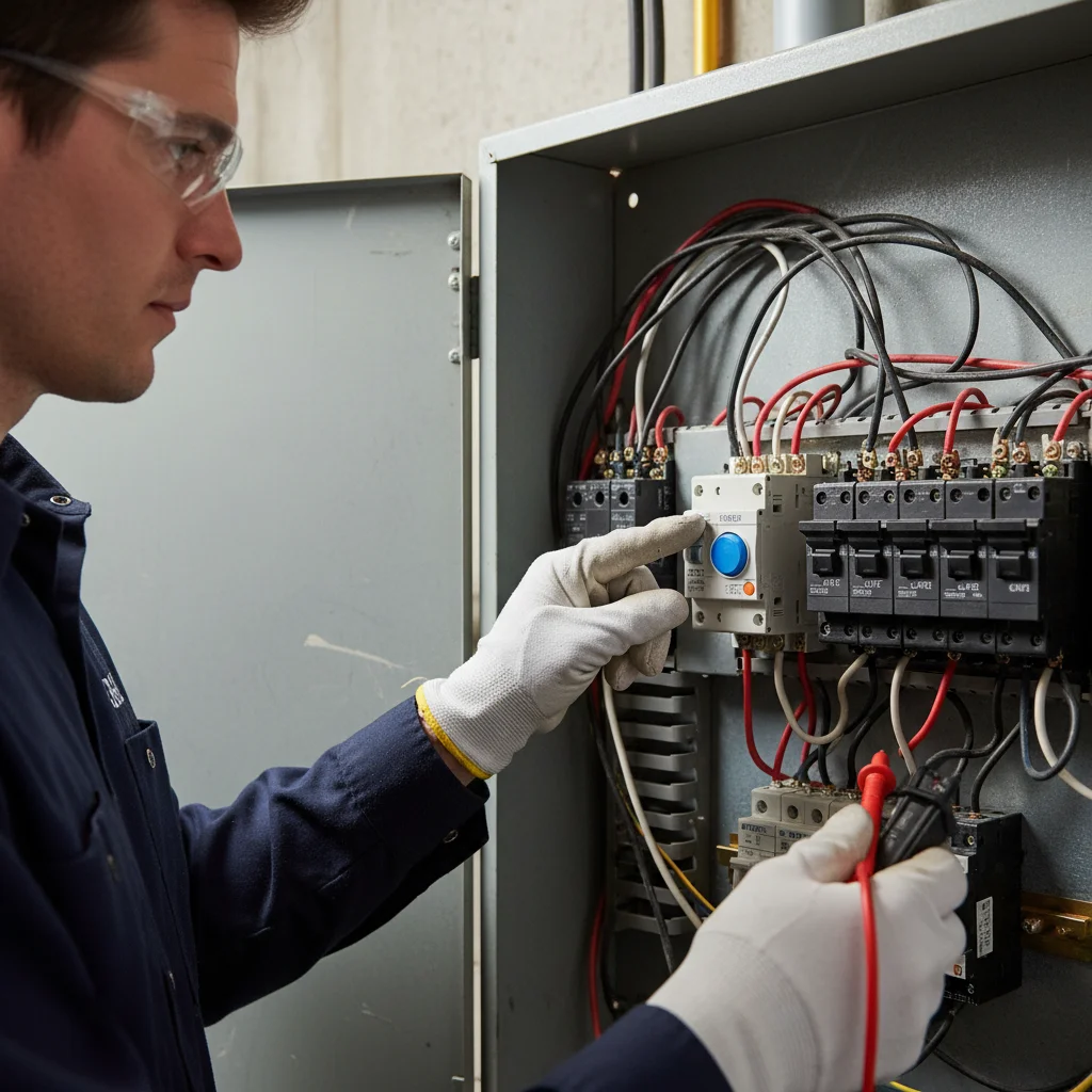 Close-up of a tripped AFCI breaker with its distinctive blue test button visible