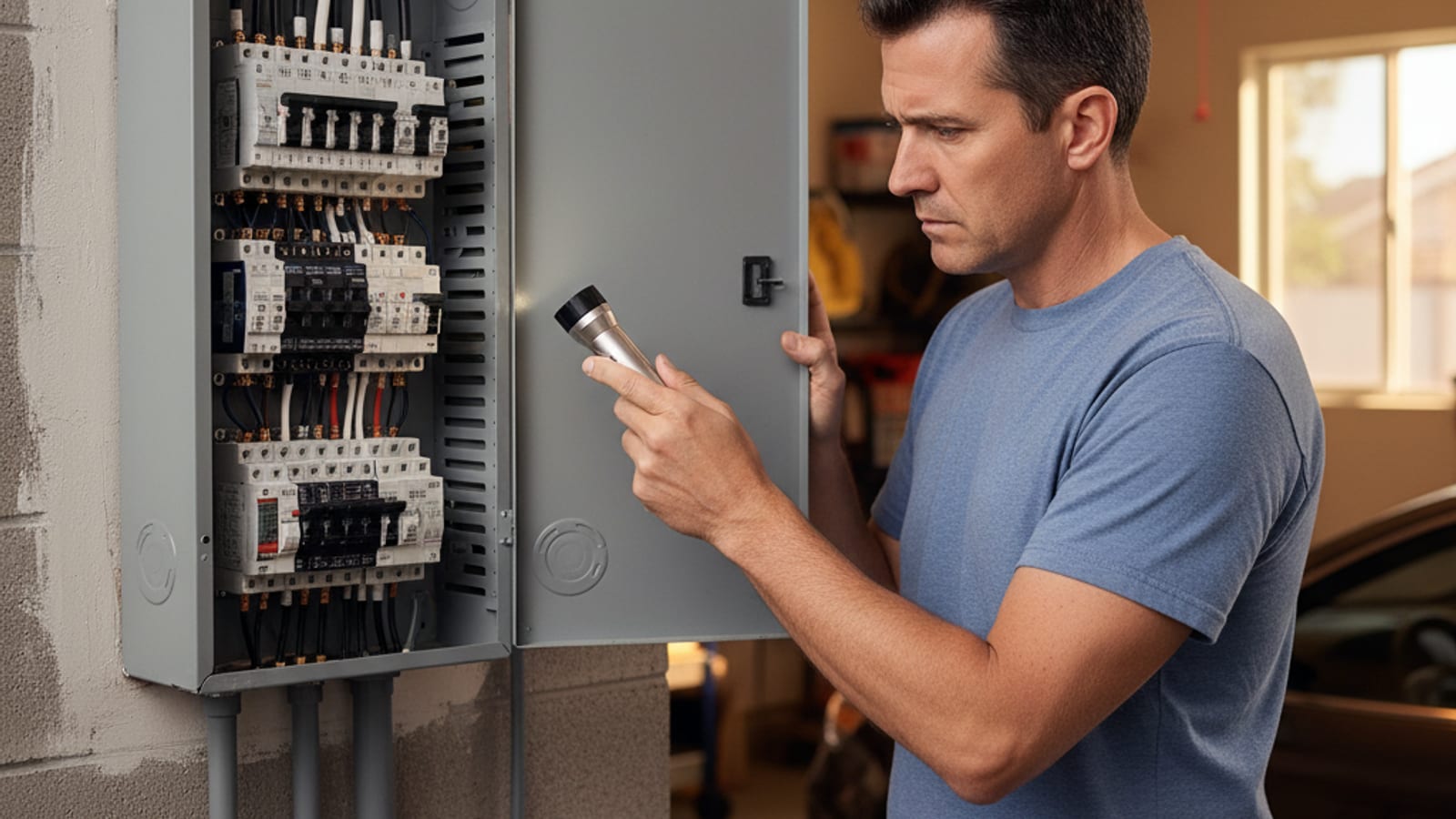 Homeowner standing in front of an open electrical panel pointing a flashlight at a tripped circuit breaker that has popped out of the ON position
