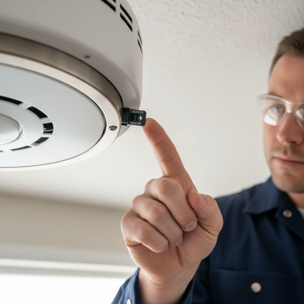 A finger flipping the reverse switch on a ceiling fan motor.