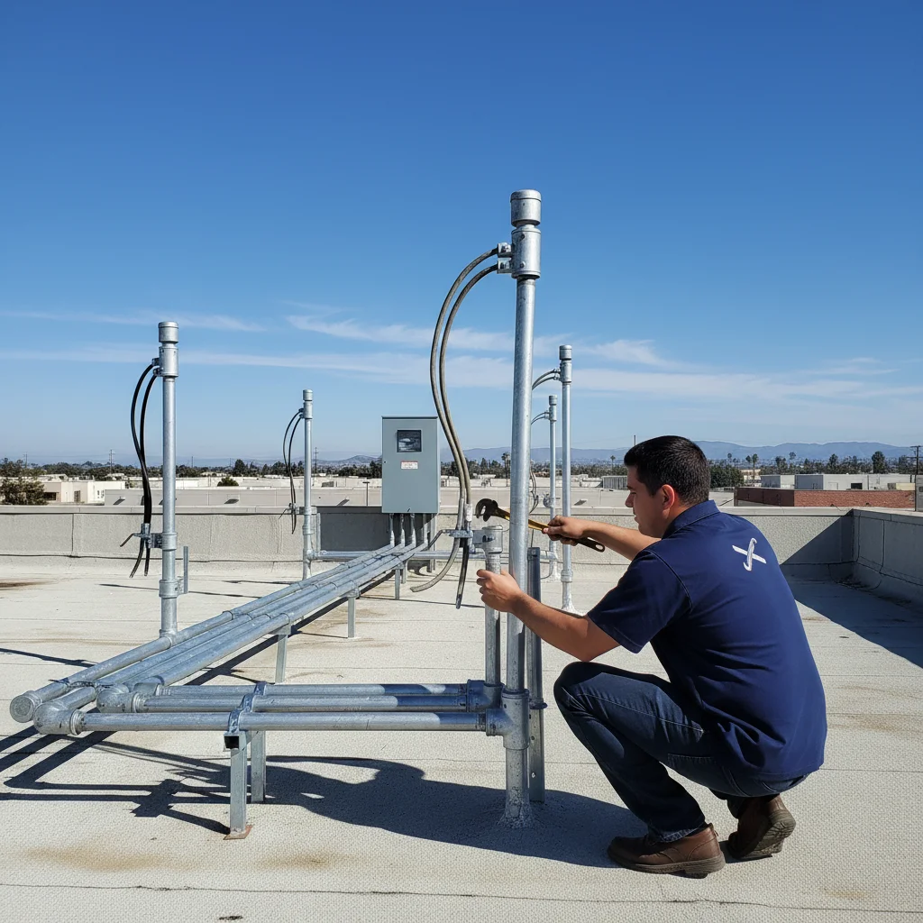 Rooftop conduit run with weatherheads on a small commercial building in Kearny M