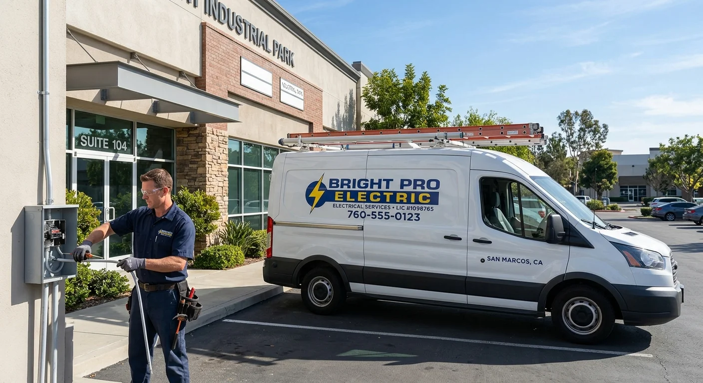 A clean Bright Pro Electric service van parked in front of a retail or light industrial building in San Marcos during a sunny day.