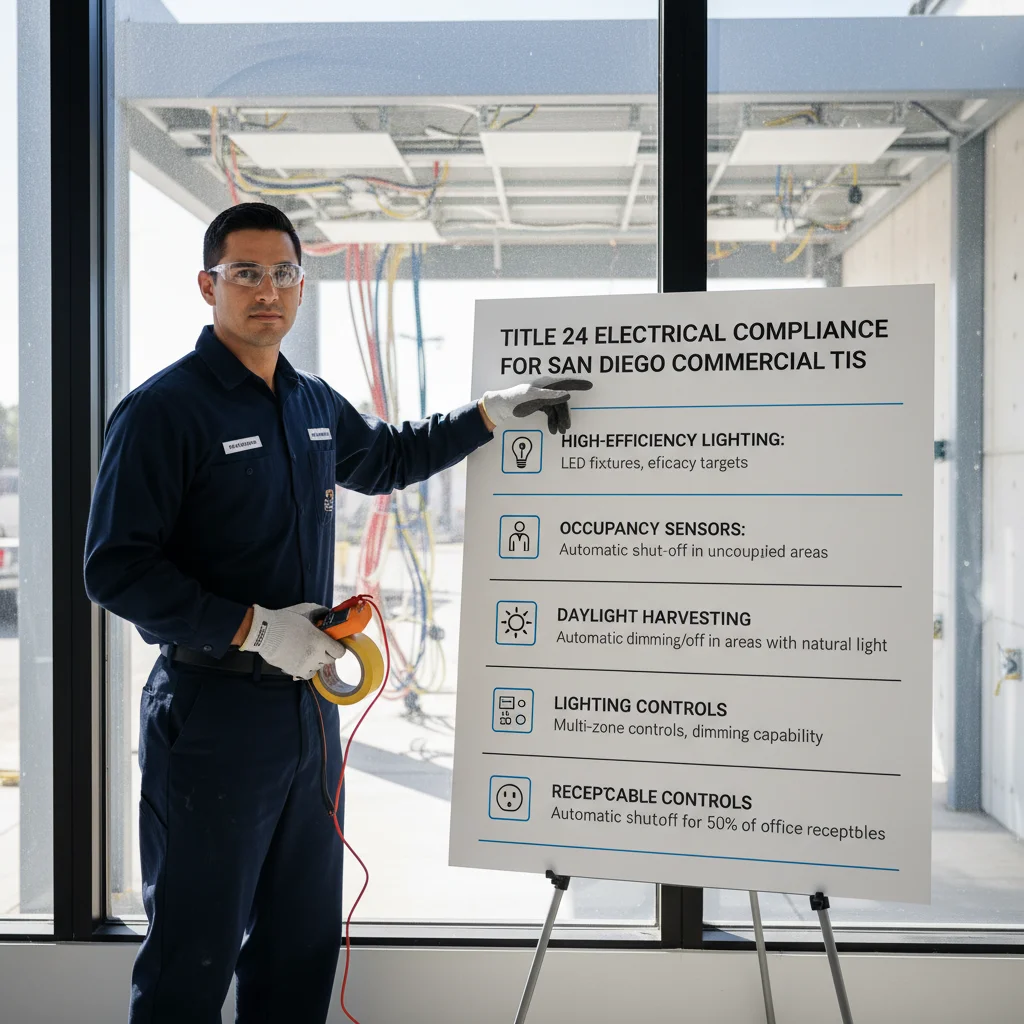 Infographic detailing key Title 24 compliance requirements for commercial tenant improvements in California, including lighting controls, occupancy sensors, and energy-efficient fixtures.