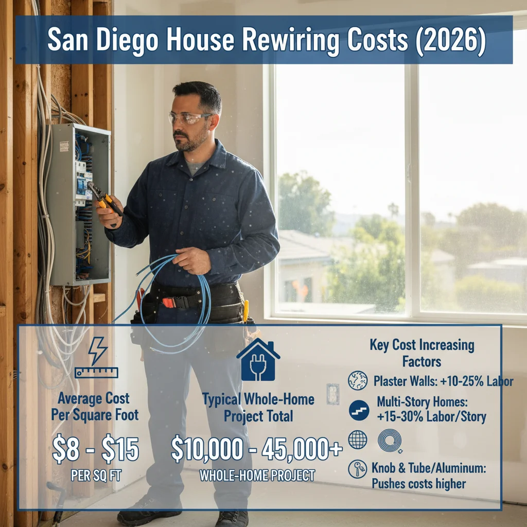 Infographic showing the average cost per square foot to rewire a San Diego home, with total project cost ranges and key factors like wall material and number of stories affecting the price.