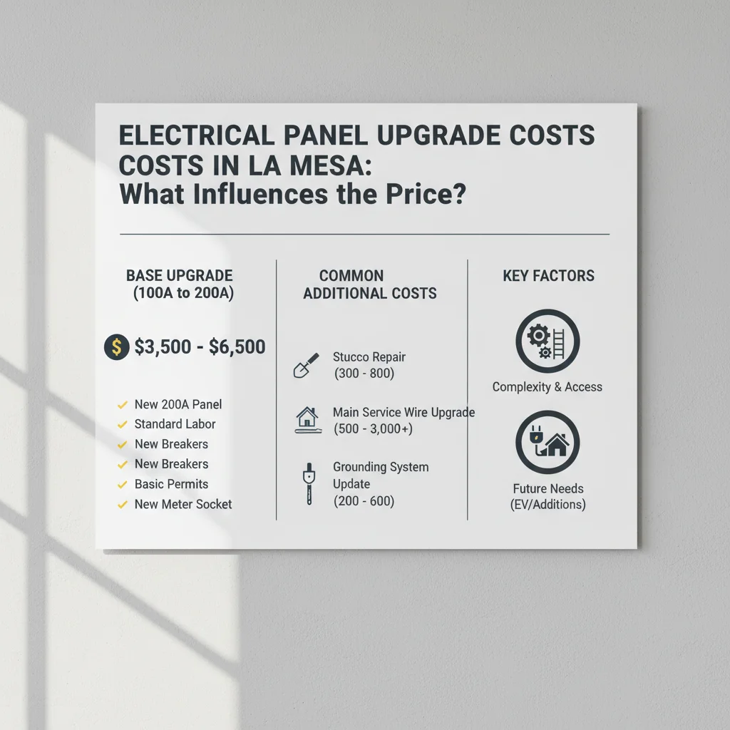 Infographic detailing the key factors influencing electrical panel upgrade costs in La Mesa, including labor, materials, permits, and property-specific conditions.