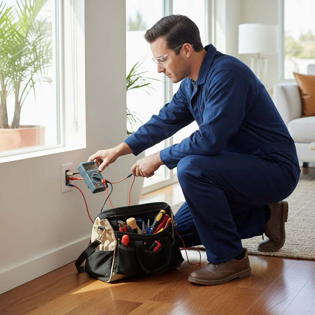 An electrician in a clean uniform diagnosing an outlet with a multimeter inside a San Diego home.