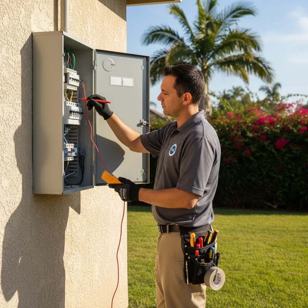 Electrician inspecting an outdoor panel on the side of a Chula Vista home, sunny