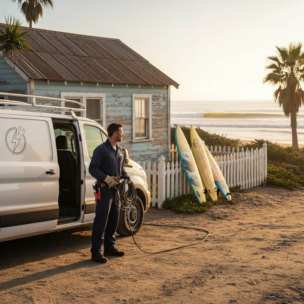 An electrician service van parked in front of a beach cottage in Leucadia with surfboards leaning against a fence