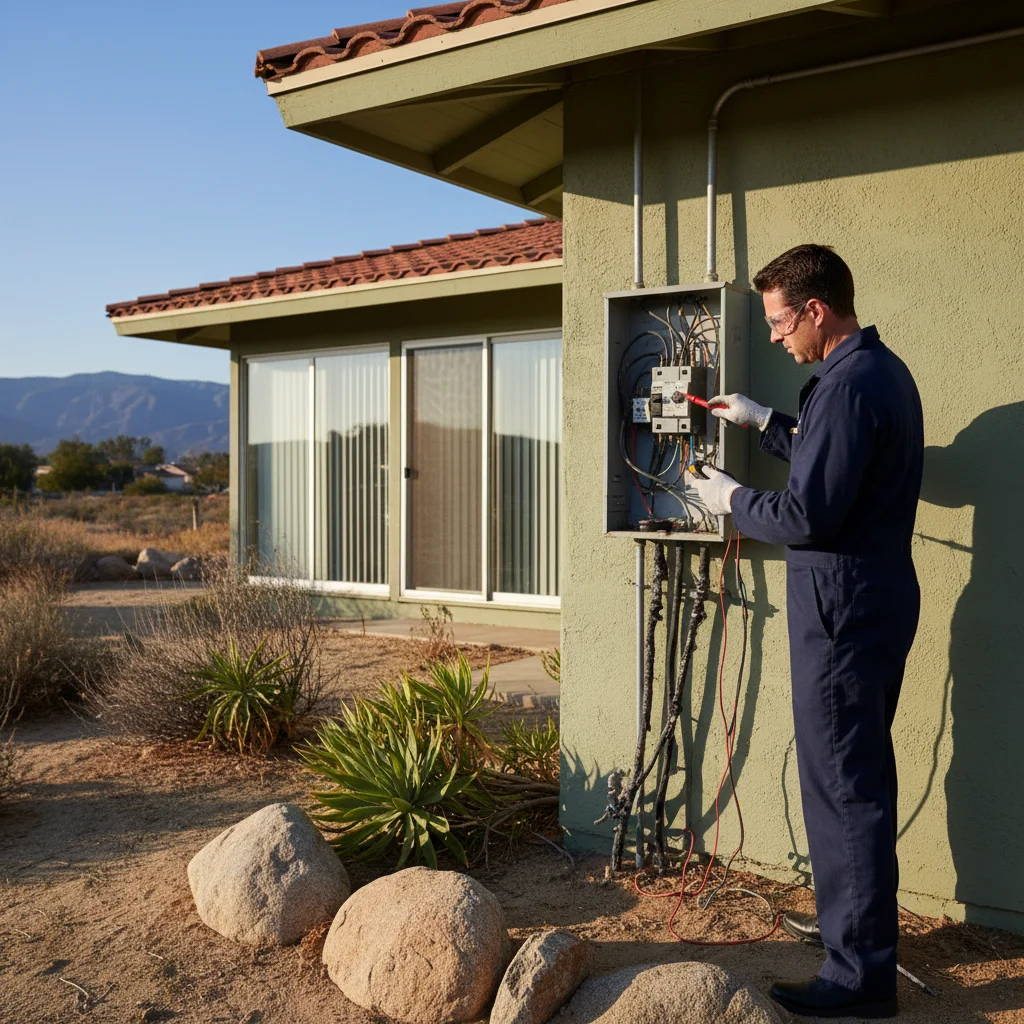 A licensed electrician inspects an outdated 1970s electrical panel on the exterior of a home in Vista, CA.