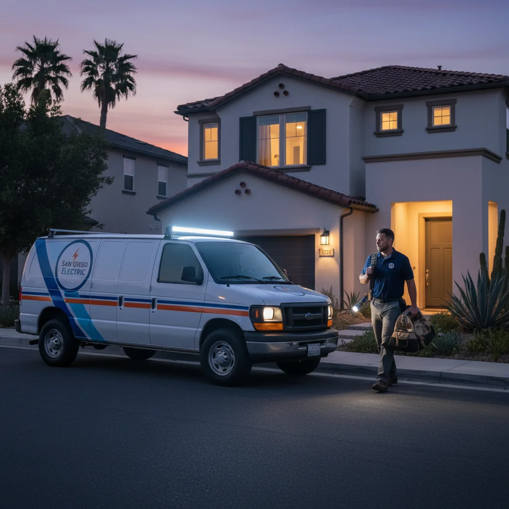 Electrician's service van parked in front of a San Diego home at dusk, technician carrying a flashlight and tool bag