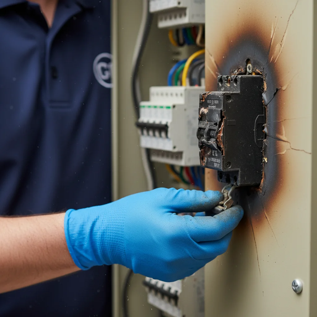 Close-up of a tripped main breaker with scorch marks on the panel face, gloved h
