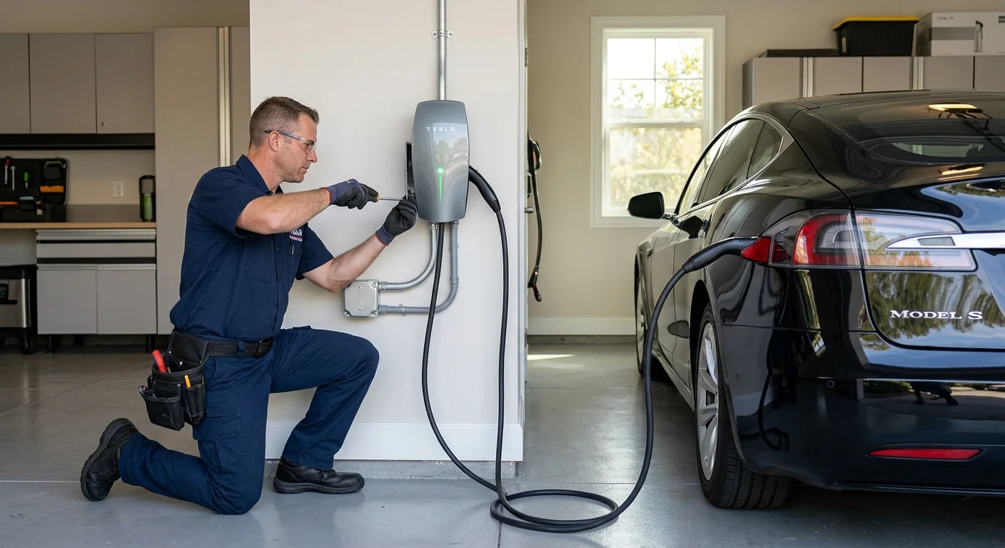 A sleek, modern EV charger installed on the wall of a clean garage in a high-end Carlsbad home, with an electric luxury car plugged in.