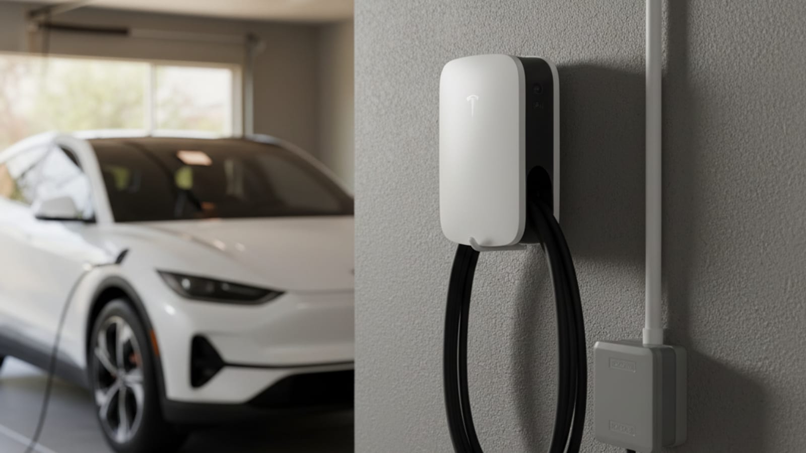 Wall-mounted Level 2 EV charger installed in a San Diego garage with a clean conduit run and a modern electric vehicle in soft focus background