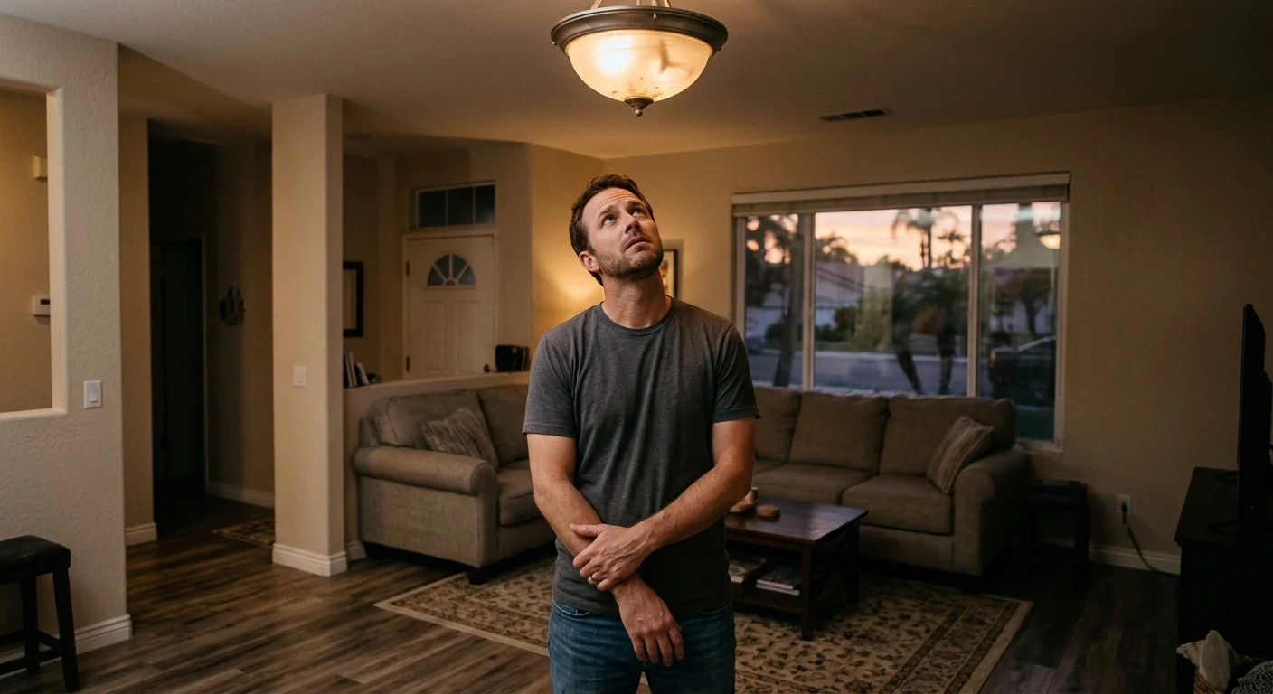 A homeowner looking up concernedly at a flickering ceiling light in their San Diego living room at dusk.