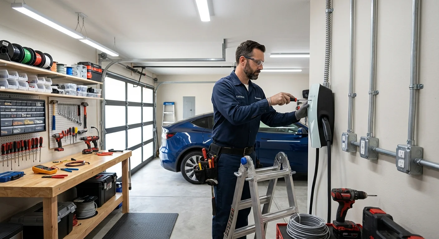 A bright, organized San Diego garage workshop with new LED shop lights, multiple 20-amp outlets, and a wall-mounted EV charger.