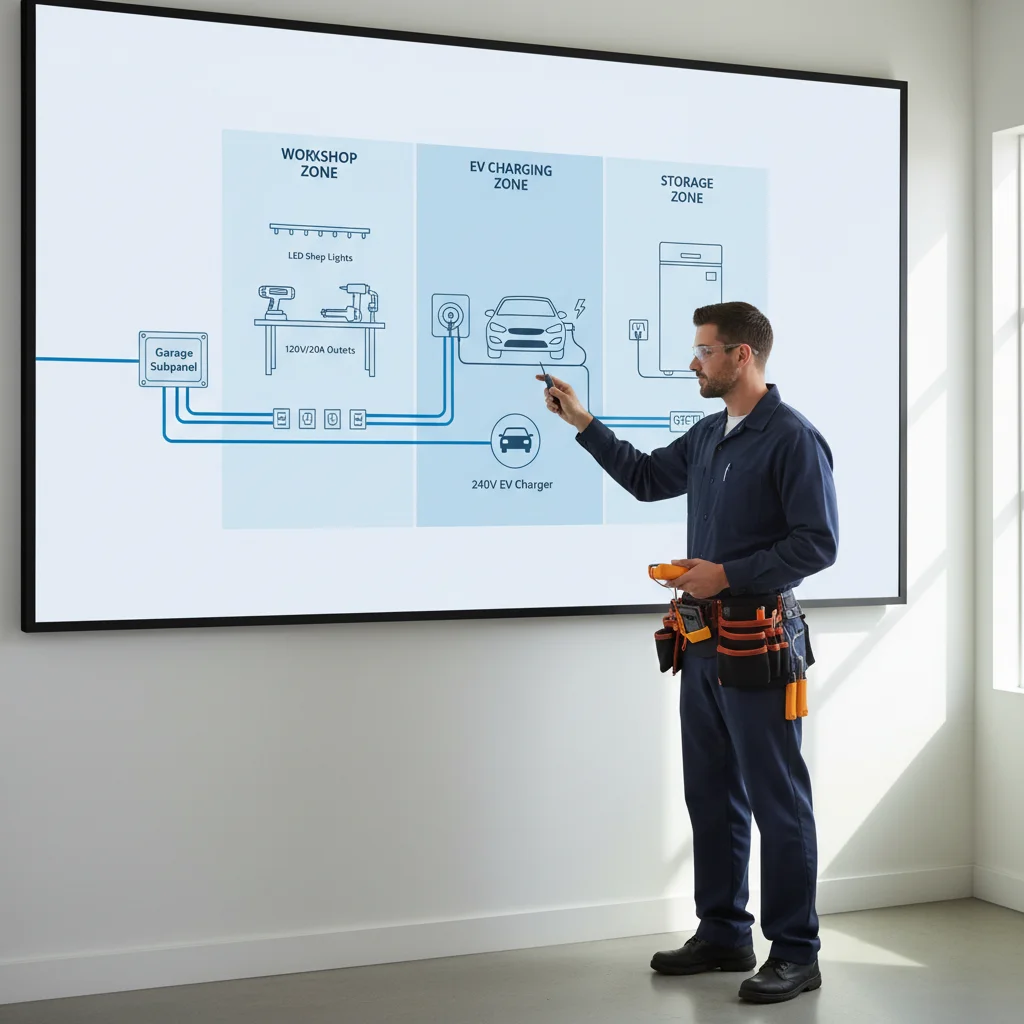 A diagram of a garage wall showing new circuits: tool outlets, lighting, and an EV charger circuit traced back to a subpanel, illustrating an electrical upgrade.
