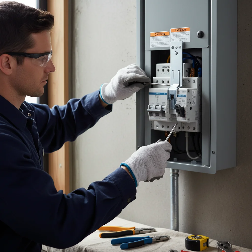 A generator interlock kit installed on a residential electrical panel cover.