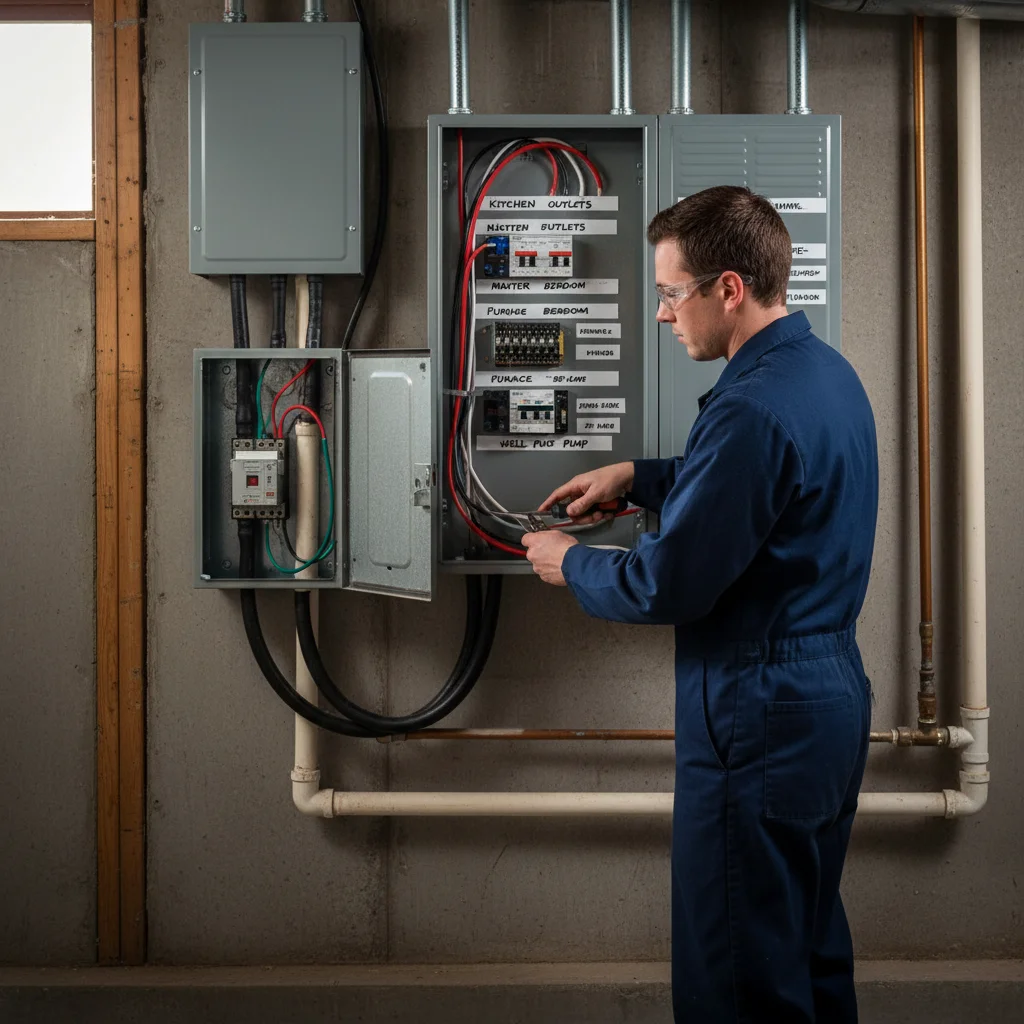 A manual transfer switch with labeled circuits mounted next to a breaker panel.