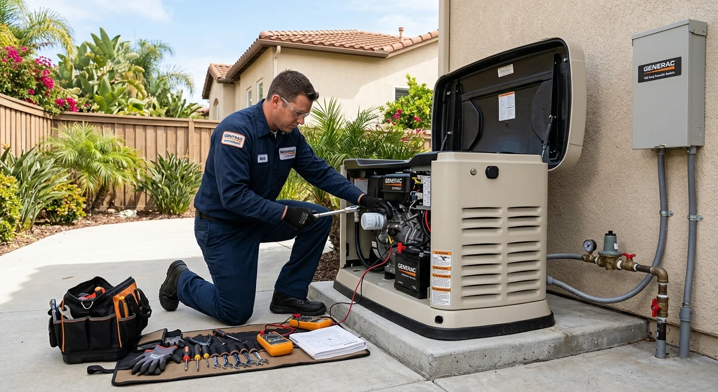 A technician kneeling beside a Generac standby generator on a concrete pad, performing maintenance with tools laid out, San Diego home in background