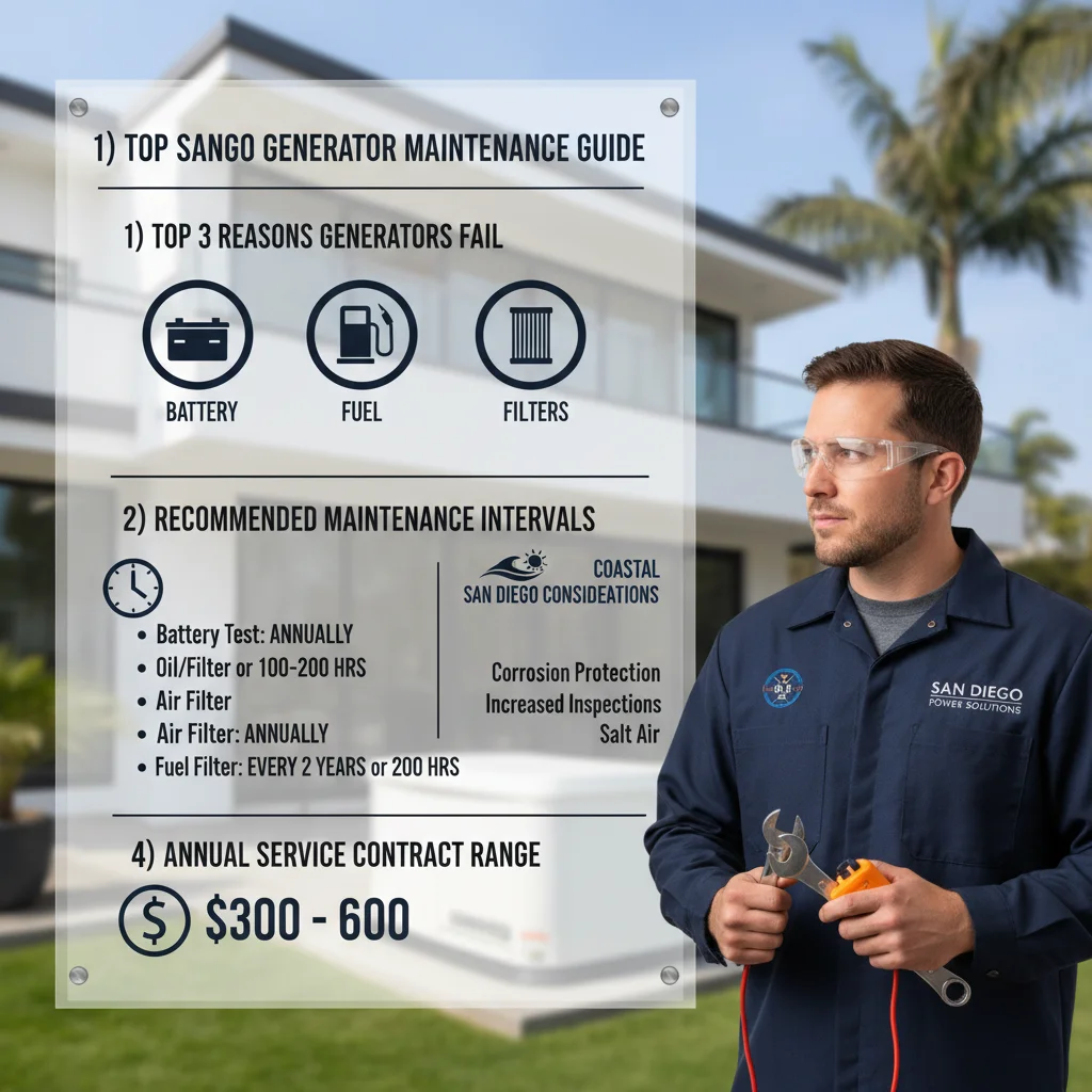 Infographic illustrating common generator failure points, maintenance intervals, and cost factors specific to San Diego's climate.