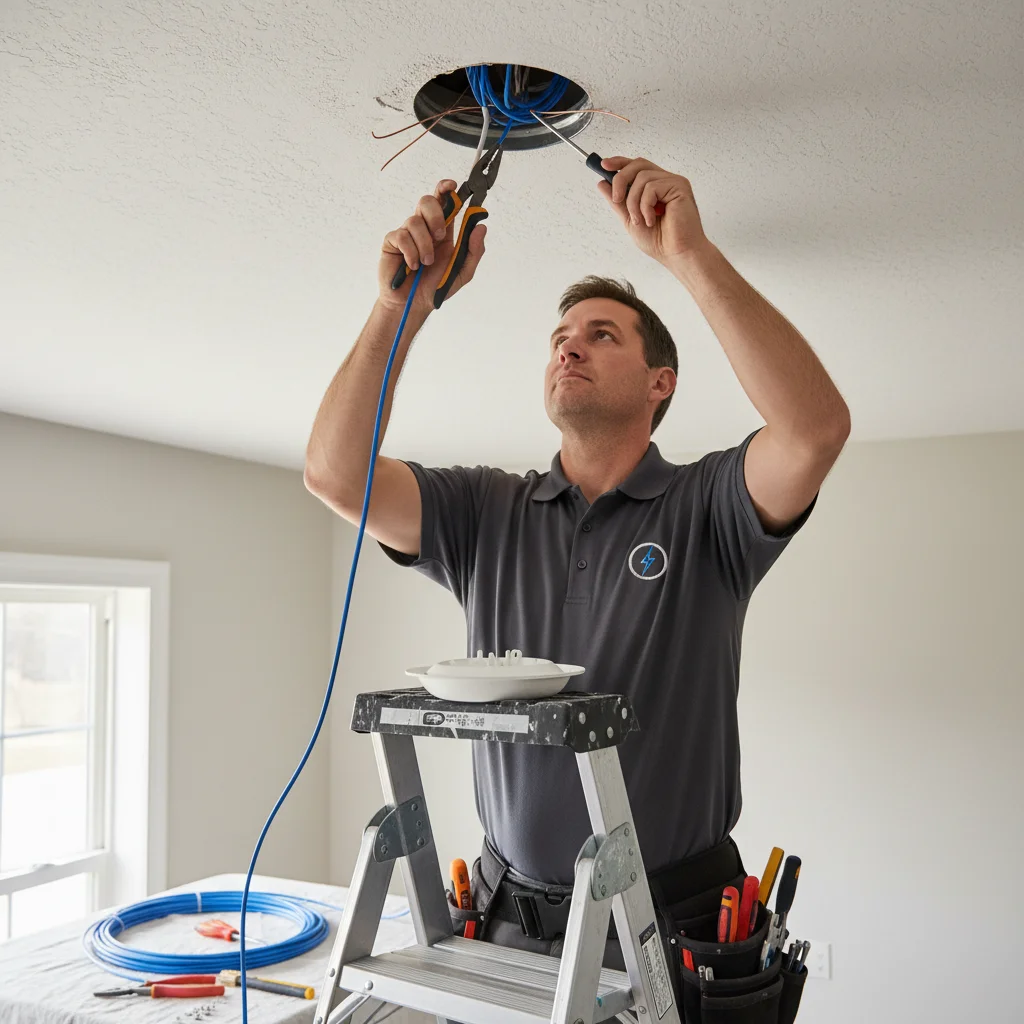 Electrician on a step ladder wiring a ceiling junction box for a pendant fixture