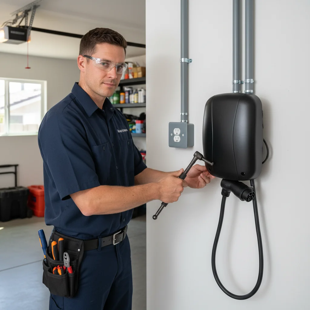 Close-up of a 14-50 outlet next to a hardwired level 2 charger showing both options in a San Diego garage