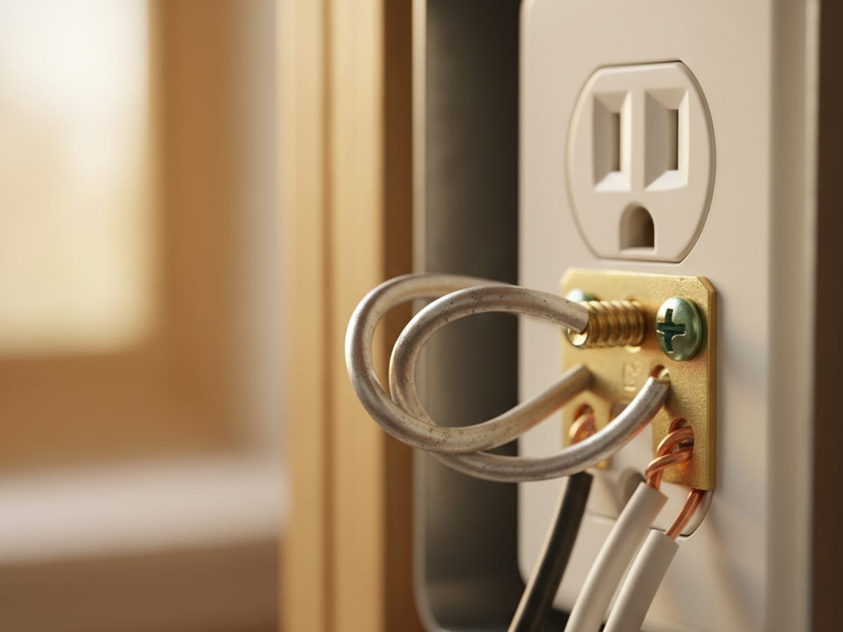 Close-up of aluminum branch wiring connection inside an outlet box showing the silver aluminum conductor wrapped around a brass terminal screw