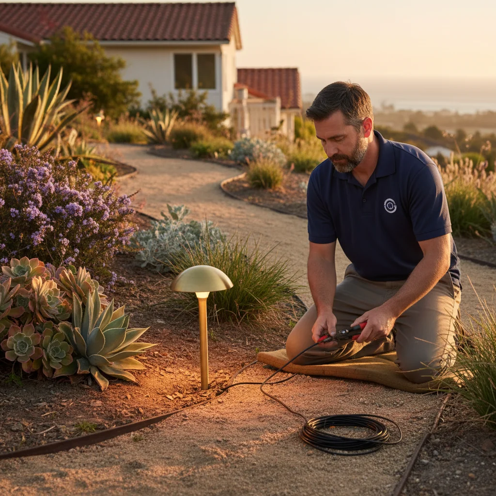 Brass low-voltage path light installed alongside drought-tolerant landscaping in Encinitas at golden hour