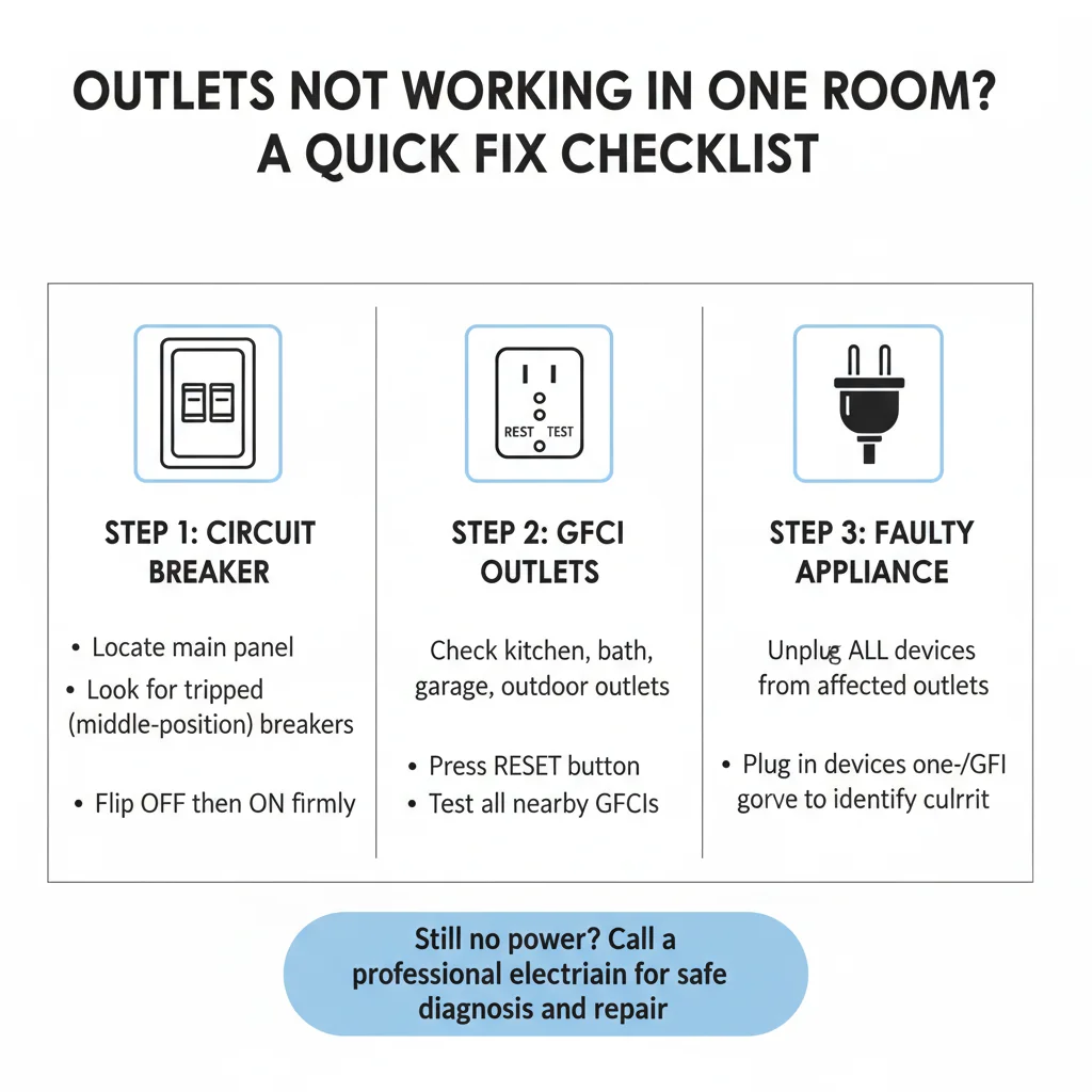 Infographic showing a step-by-step diagnostic guide for outlets not working in one room, covering circuit breakers, GFCI outlets, and appliance checks.