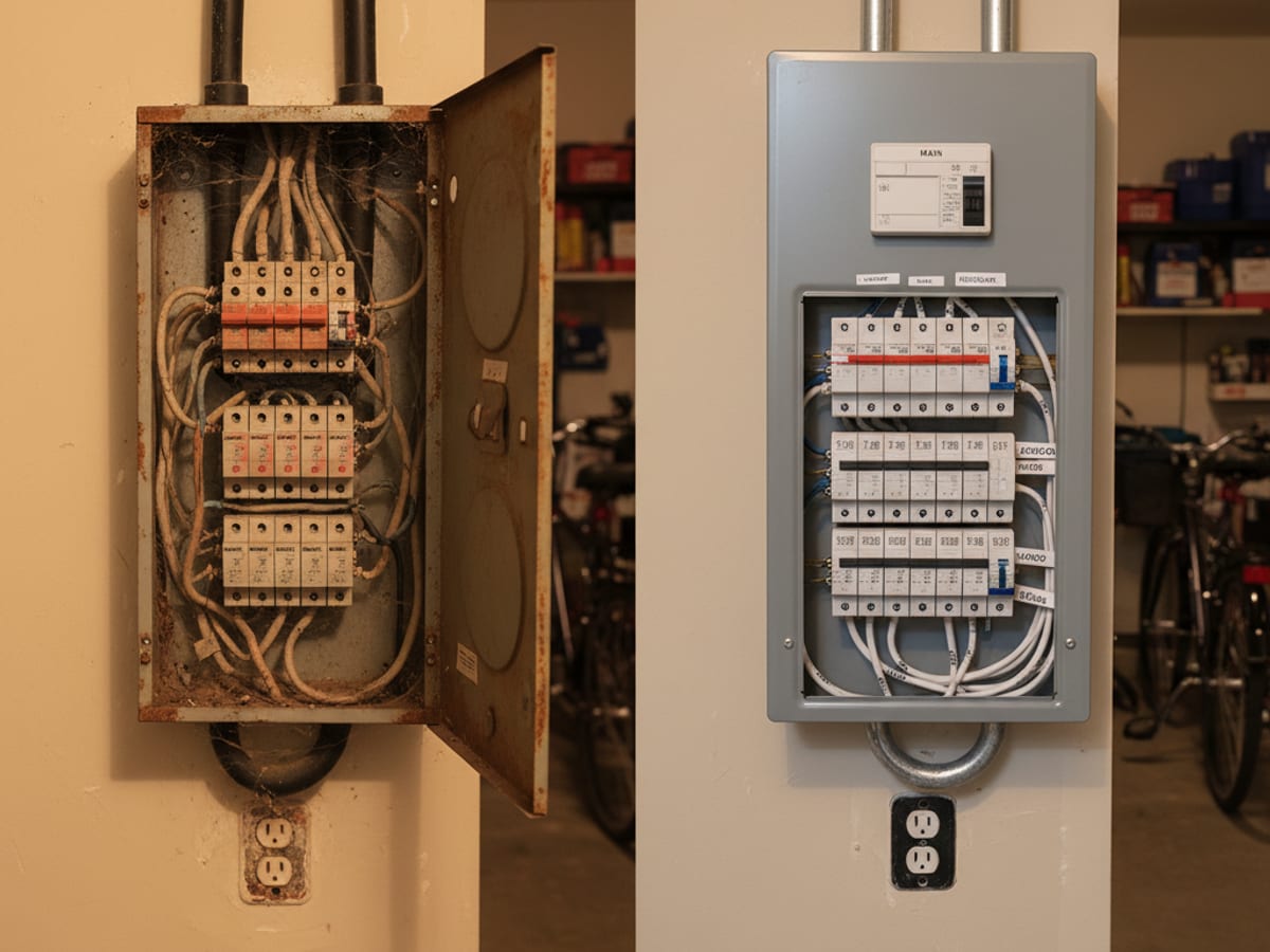 Side-by-side comparison of an old 100-amp Federal Pacific panel and a newly installed 200-amp panel with modern AFCI breakers