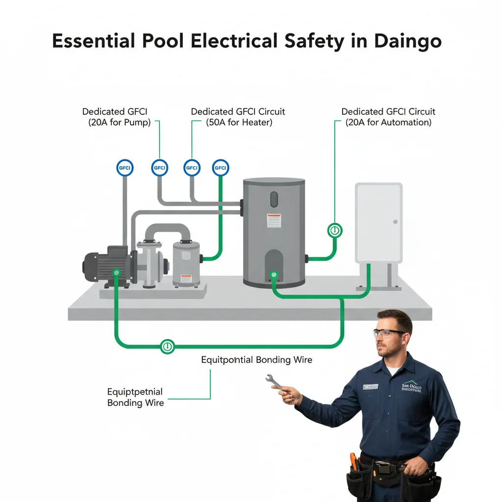Diagram showing correct electrical setup for pool equipment, including GFCI protection and equipotential bonding.
