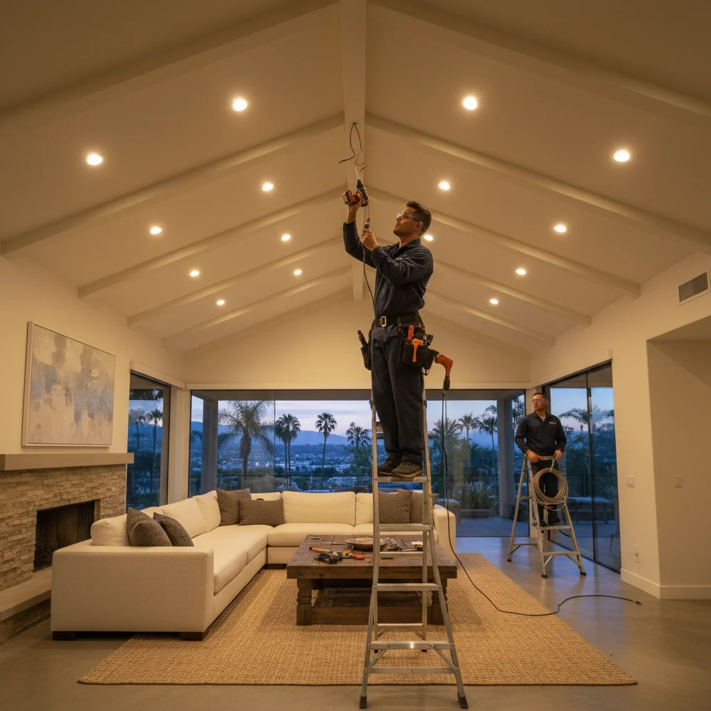 A grid of warm-white LED recessed lights illuminating a San Diego living room with vaulted ceilings.