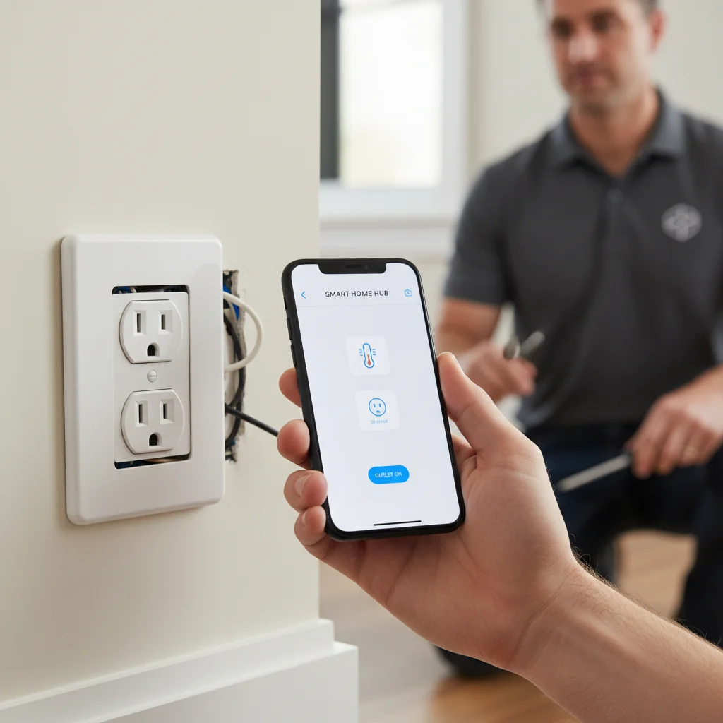 Homeowner holding a phone with a smart home app next to a freshly installed in-wall smart receptacle