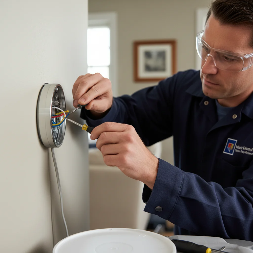 A Nest thermostat being installed on a wall with the cover off and labeled R, C, W, Y wires visible in the wall plate, photorealistic close-up