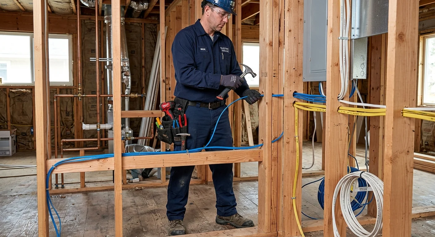 An electrician running electrical conduits and low-voltage cables through wall studs in a San Diego home under renovation.