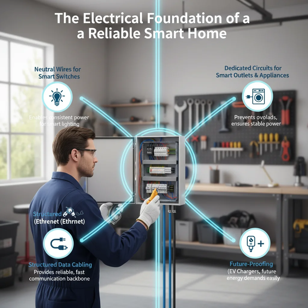 An infographic illustrating the key electrical infrastructure components for a smart home, including neutral wires, dedicated circuits, data cabling, and smart panel integration.
