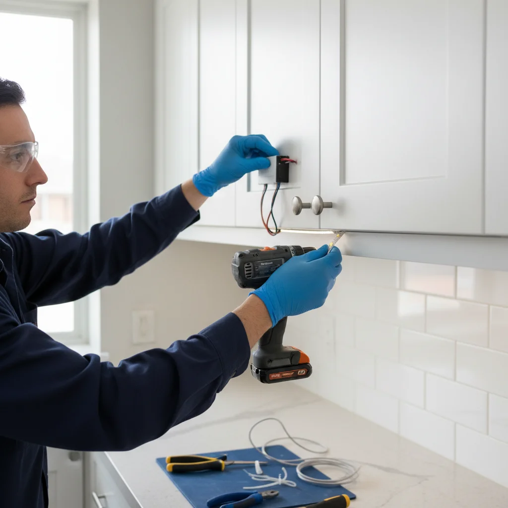 Electrician's hands routing a low-profile LED strip and driver beneath a kitchen wall cabinet.