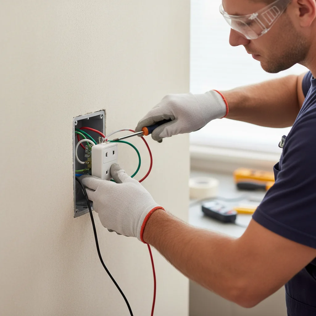 Electrician's hands wiring a combination USB-C and standard receptacle into a wa