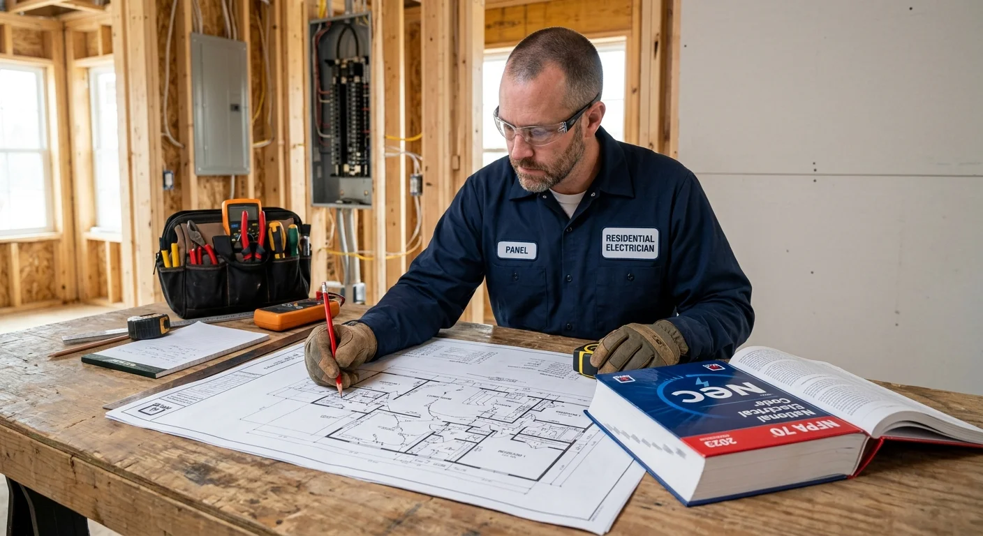 A clean, professional-looking image of the NEC codebook next to a set of electrical blueprints for a residential home.