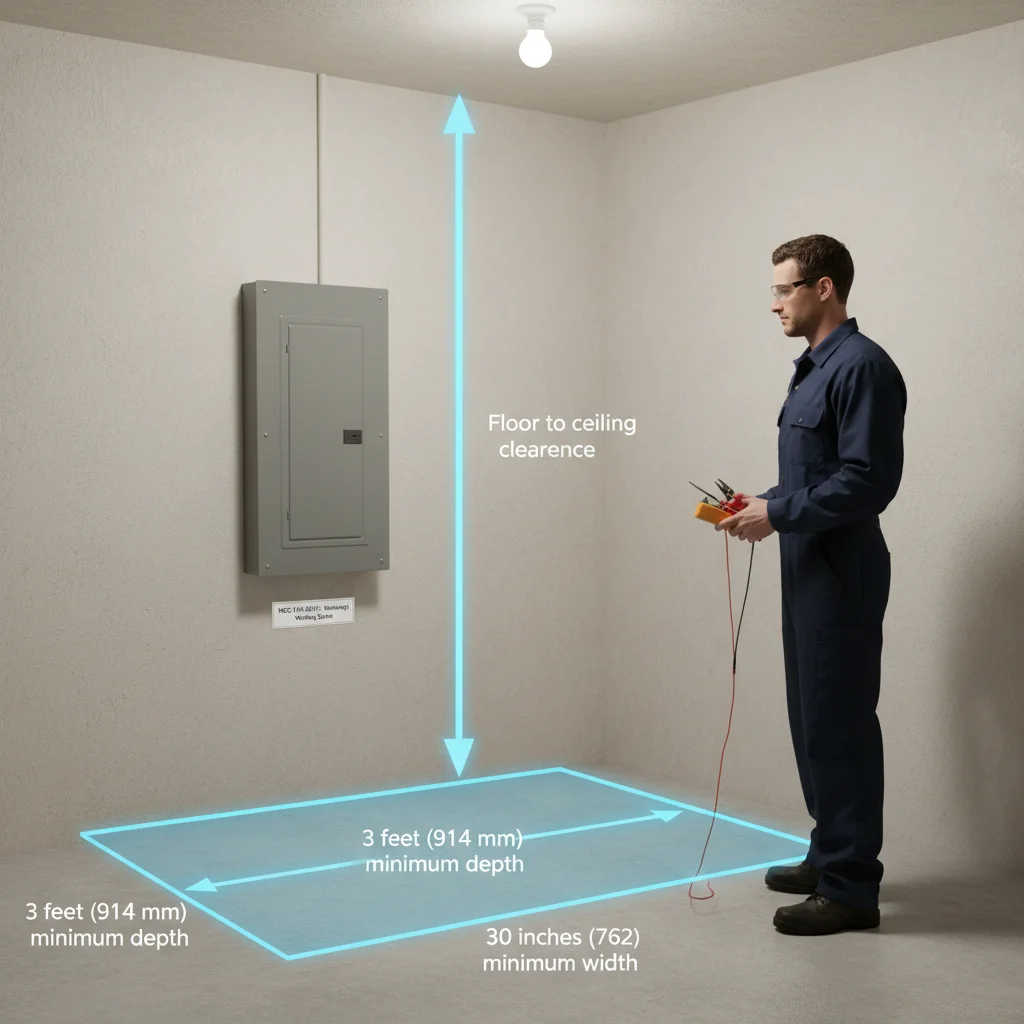 A diagram illustrating the National Electrical Code's required 3-foot clear working space in front of an electrical panel for safety and access.