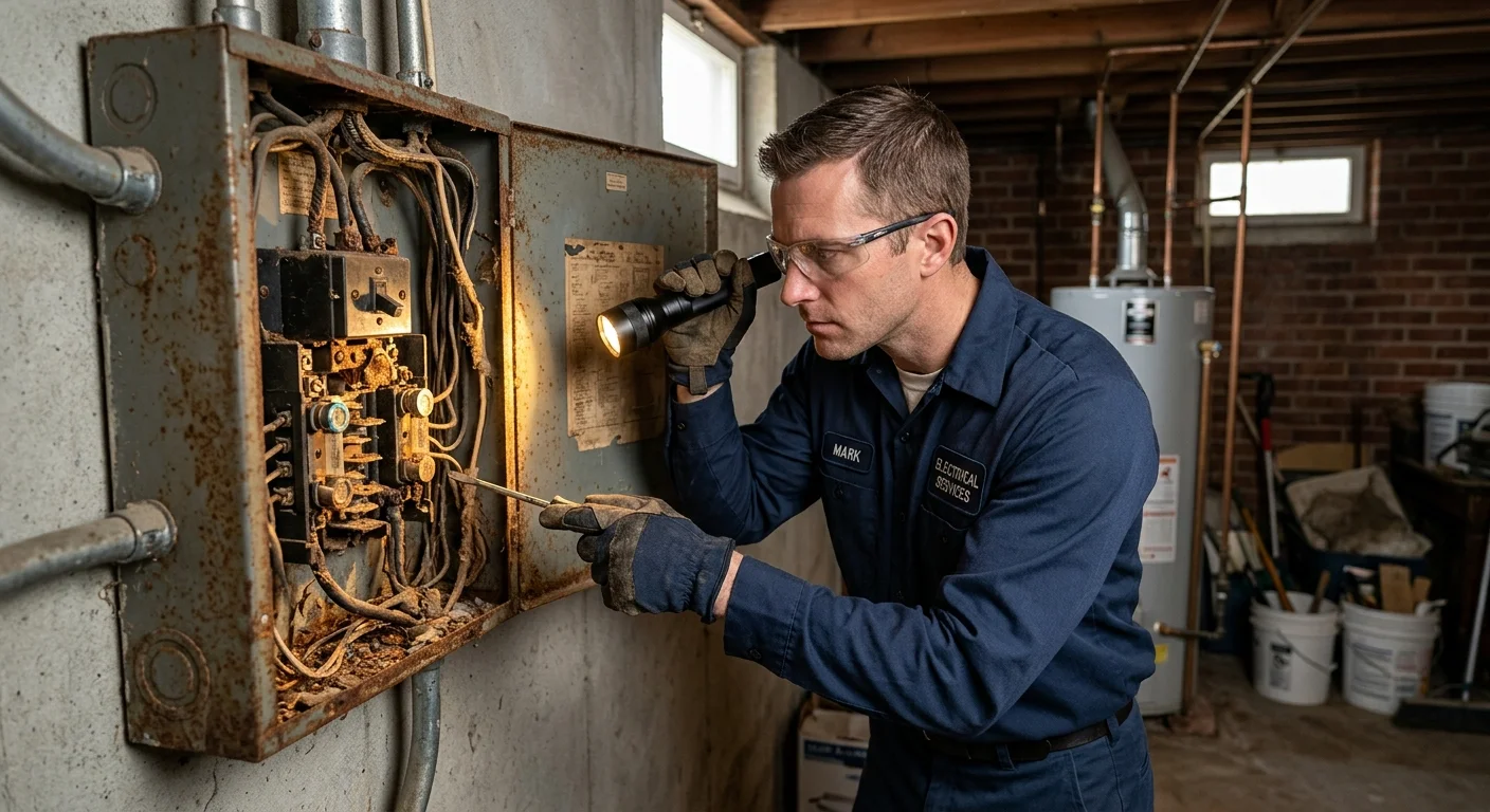 A concerned homeowner looking at an old, rusty electrical panel with a flashlight