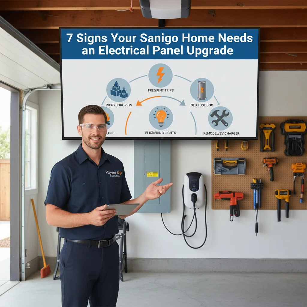 Infographic illustrating the 7 signs your electrical panel needs an upgrade: frequent trips, fuse box, flickering lights, major remodel, hazard panels, no space, rust.