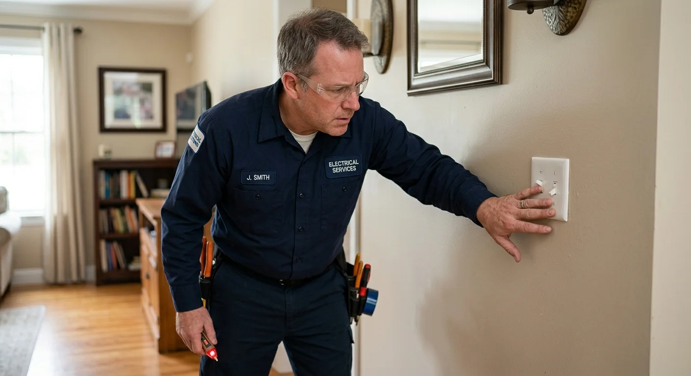 A concerned homeowner cautiously touching the back of their hand to a wall light switch.
