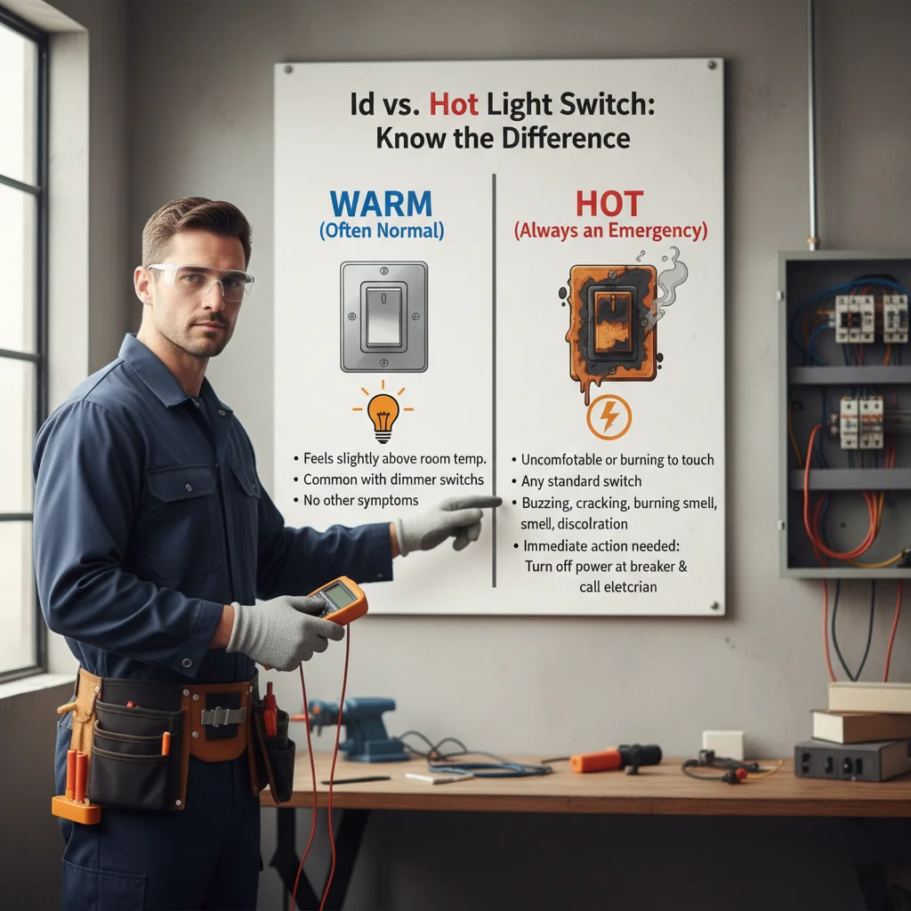 Infographic comparing safe warm light switches like dimmers with dangerously hot switches caused by electrical issues, and what actions to take.