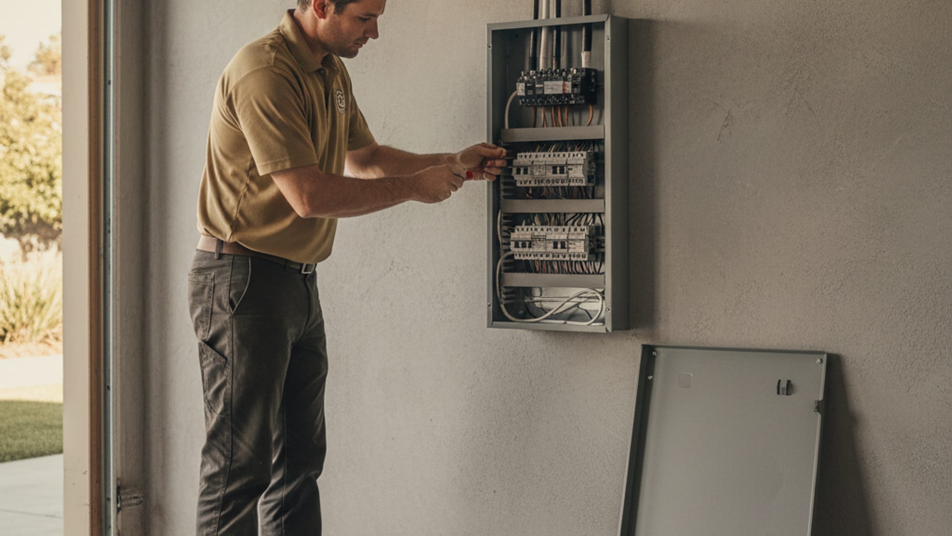 Licensed electrician installing a new 200-amp electrical panel inside a San Diego garage in warm afternoon light