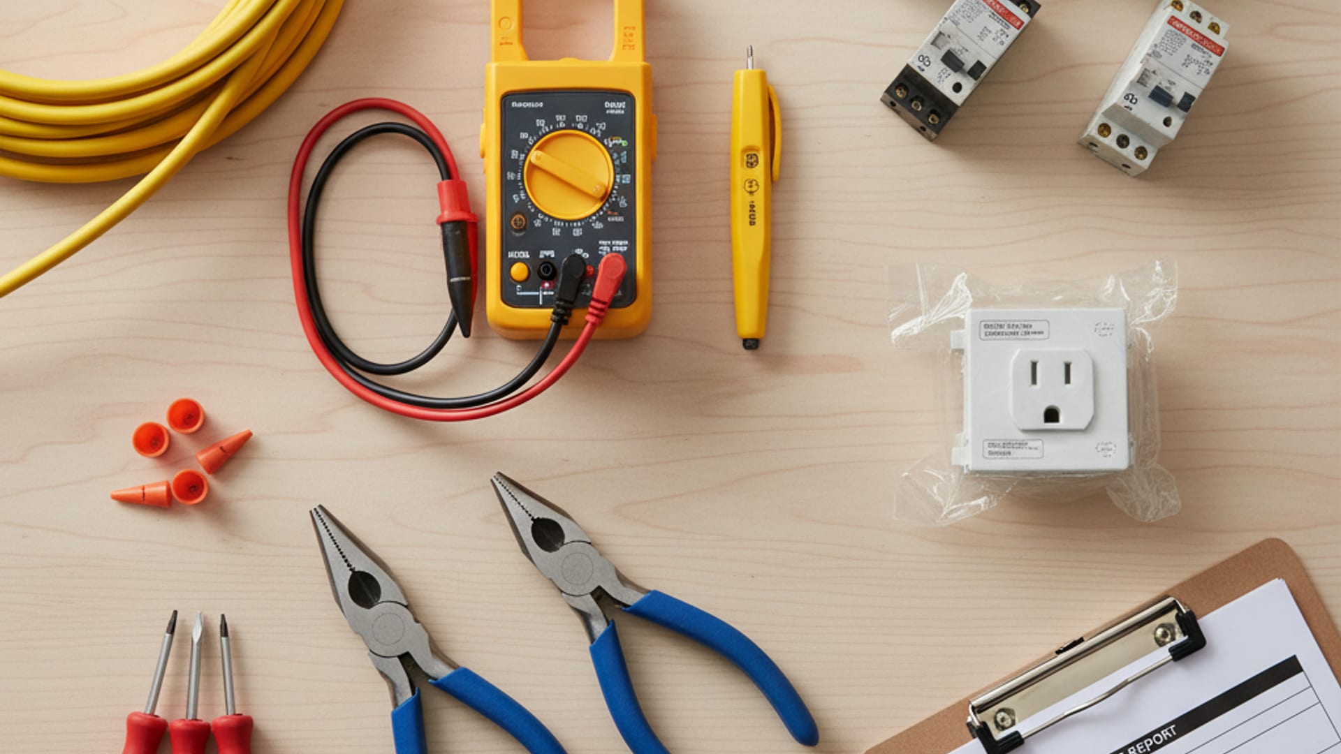 Overhead flat-lay of professional electrician tools including a multimeter, voltage tester, wire strippers, breakers, and Romex cable on a clean work surface