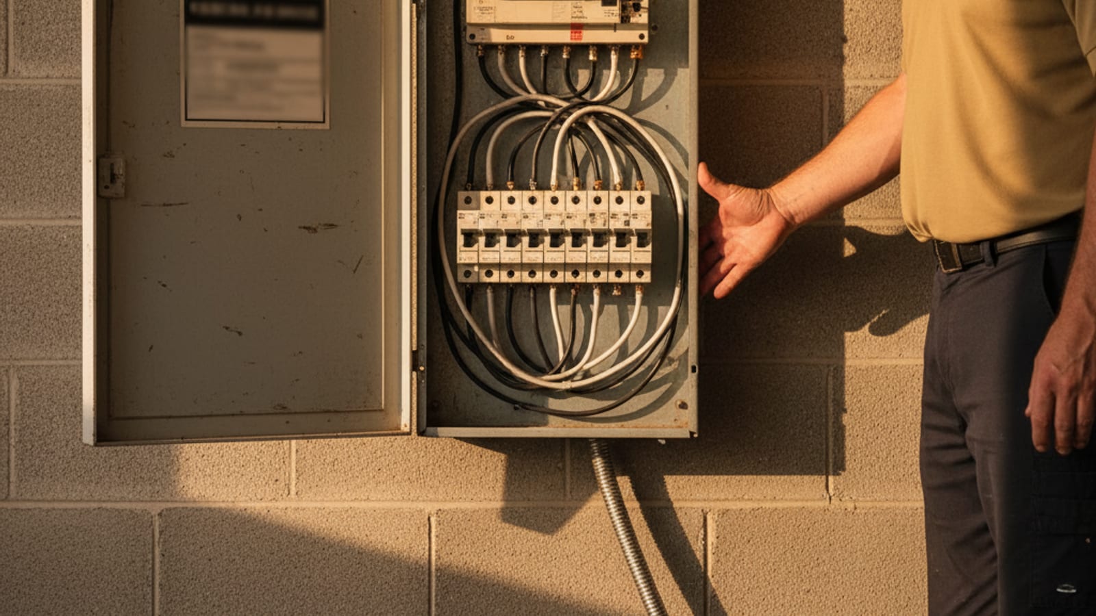 Open older residential electrical panel showing an interior manufacturer label and vintage breaker configuration